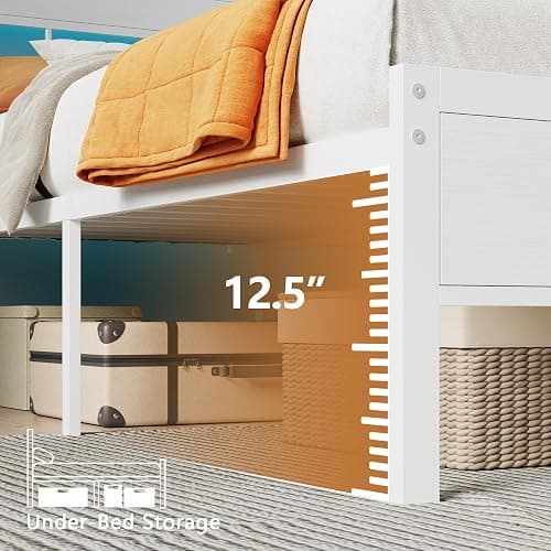 Furnulem Full Size Bed Frame with LED Light and Charging Station, Wood Storage Headboard with 2-Tier Shelves, Metal Platform Bed with Heavy Duty Slats Support, No Box Spring Needed, White thumbnail 5