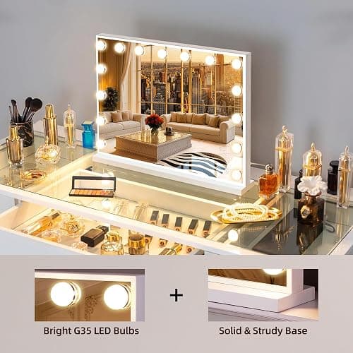 FENCHILIN Vanity Mirror with Lights and Bluetooth Speaker 22.8"x 18.1" Makeup Mirror Lighted Hollywood Mirror with 15 Dimmable LED Bulbs USB Charge Port, 3 Color Lighting Modes thumbnail 5