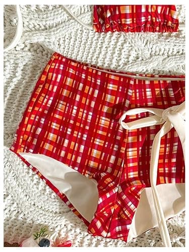 SweatyRocks Women's Plaid Print Halter String Bikini Set 3 Piece Swimsuit with Cover Up Shorts thumbnail 5