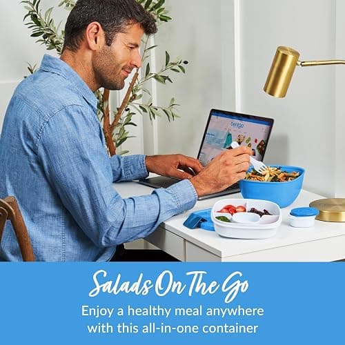 Bentgo Salad Container - 54 oz Bowl with 4-Compartment Toppings Tray, Leak-Proof Dressing Container, Reusable Fork, BPA-Free Lunch Box for Meal Prep & Food Storage; Removable Bento Tray (Blue) thumbnail 3