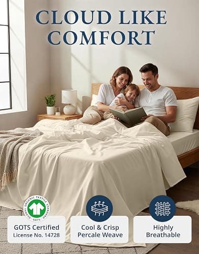 LANE LINEN 100% Organic Cotton Queen Sheets, 4Pc Cotton Sheets Set, Classic Percale Weave Bedsheets Queen Size Bed, Soft Breathable Sheet & Pillowcase Sets, Deep Pocket 15" - Natural thumbnail 2