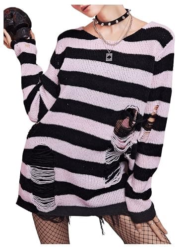 SweatyRocks Women's Ripped Hole Striped Sweaters Oversized Long Sleeve Pullover Knit Top - Image 1