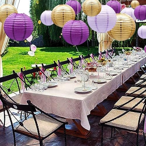 Purple Paper Lanterns Decorative Hanging Round Chinese Lanterns Lavender Purple Gold Wedding Bachelorette Engagement Baby Bridal Showers Birthday Decoration Indoor Outdoor 14PCS thumbnail 4
