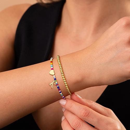 Ritach Colorful Initial Bracelets for Girls Women - 2PCS Real Gold Plated Stretchable Beaded Bracelets Boho Stackable Cute Heart Initial Bracelets for Girls Kids Teen Girl Gifts Birthday Gifts thumbnail 3