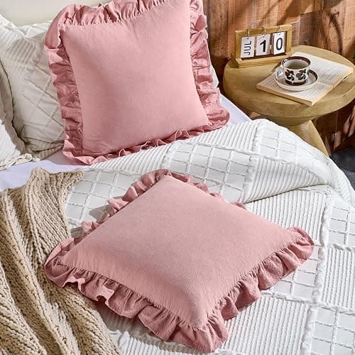 AmHoo Pack of 2 Throw Pillow Covers 100% Cotton Pre Washed Ruffle Decorative Pillowcase Cushion for Couch Sofa Bedroom 18 x 18-Inch Bridal Rose thumbnail 2