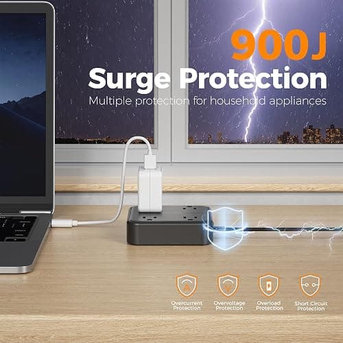 Surge Protector Flat Extension Cord 10FT, TESSAN Flat Plug Power Strip with 4 Outlets 3 USB Ports (1 USB C), 900 Joules Protection, Multiple Wall Outlet Extender Suitable for Home Office Dorm, Black thumbnail 2