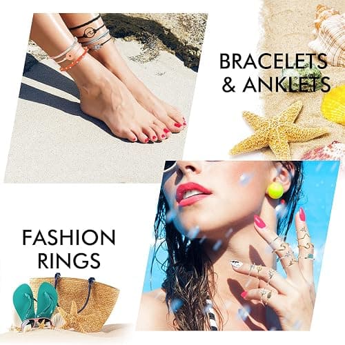 Batiyeer 60 Pcs Boho Surfer Wave Bracelet and Necklace Set for Women, Summer Beach Y2k Layered Choker Anklets Knuckle Rings thumbnail 2