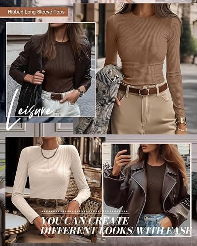 Ficerd 3 Pack Women's Ribbed Long Sleeve Tops, Crew Neck Slim Fit Undershirts Knit Basic Casual Stretch Layering Tee Shirts thumbnail 6