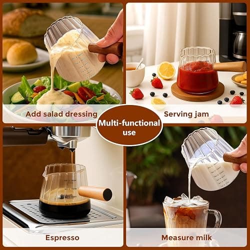 YARRAMATE 2 Pack 6 oz/180ML Glass Measuring Cup with Wooden Handle – Espresso Shot Cups, Ribbed Milk Frothing Pitcher, Dual Scale Markings, V-Shaped Mouth for Easy Pouring thumbnail 7