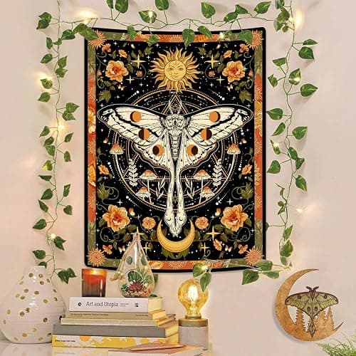 Aipon Orange Moth Tapestry Boho Retro Floral Flowers Tapestries Aesthetic Vintage Mushroom Tapestries for Bedroom Indie Small Tapestry Wall Hanging for Living Room Dorm (30'' × 40'', Orange) thumbnail 5