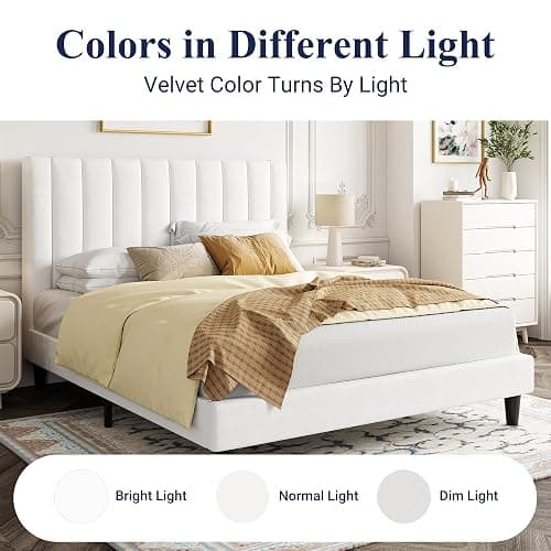 Allewie Queen Bed Frame/Velvet Upholstered Bed Frame with Vertical Channel Tufted Headboard/Strong Wooden Slats/Platform Bed Frame/Mattress Foundation/Box Spring Optional/Easy Assembly/White thumbnail 8
