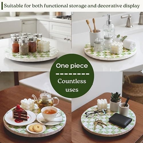 CHI AN HOME 12" Checkered Lazy Susan for Tabletop, Handcrafted Mother of Pearl Turntable Organizer for Kitchen Counter, Coffee Table, Bathroom, Dining or Organizing (Pistachio Green) thumbnail 7