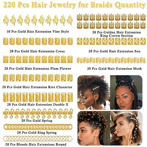 Lucomb 220 Pcs Gold Hair Jewelry for Braids, Loc Jewelry for Hair Dreadlock, Loc Charms for Women, Metal Gold Braids Rings Cuffs Clips for Dreadlock Accessories Clip Braids Extensions Decorations thumbnail 3