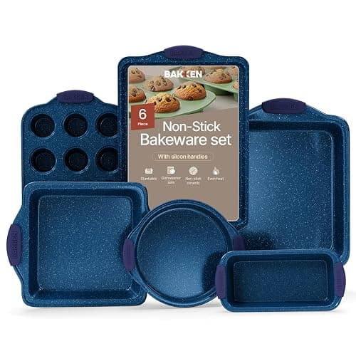 BAKKEN Kitchen Baking Pan Set - Nonstick Coating, Carbon Steel Bakeware Sets with Blue Silicone Handles, Baking Kitchen Essentials, PFOA, PFOS, PTFE Free, Oven Safe Tray (Up To 450° F), Set of 6 - Image 1