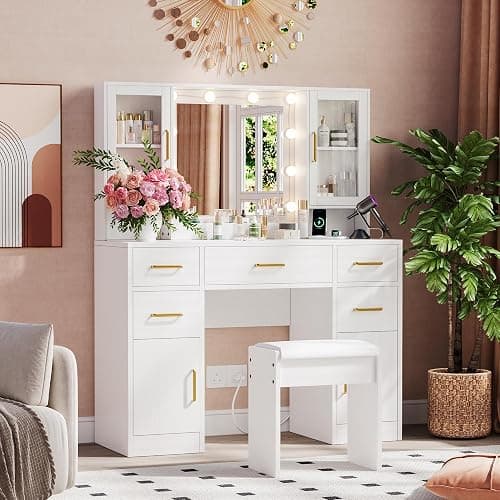 UGTOO Makeup Vanity Desk with Mirror and 10 Lights, 44.9" Makeup Table with Power Outlet, Large Vanity Desk with Storage Shelf & 5 Drawers, Dressing Table Set, 3 Lighting Modes Brightness Adjustable thumbnail 7