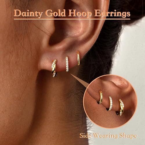 Poxtex Small Sterling Silver Huggie Hoop Earrings Set for Women, Hypoallergenic 14K Gold Plated Hoops Stacks for Multiple Piercings, Dainty Cute Mini Lightweight Cartilage Studs Trendy Jewelry Gift thumbnail 7