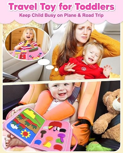 Exorany Busy Board Montessori Toys for Toddler Girl Birthday Gifts, Busy Book Sensory Learning Toys for Toddlers, Toddler Girl Airplane Car Travel Toy Educational Activities thumbnail 3