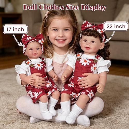BABESIDE 4 Pcs Reborn Baby Doll Clothes for 17-22 Inch Babydolls, Cute Wine Red Flower Dolls Overalls Lifelike Reborn Baby Doll Accessories with Headband and Socks for Realistic Dolls Girl thumbnail 6