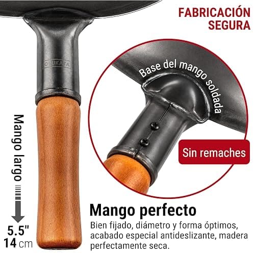 YOSUKATA Sarten Wok de Acero al Carbono 34 cm - Pre-sazonado Wok Fundo Plano - Wok Induccion Tradicional - Sin Сobertura Química - Compatible Con Cocinas de Gas, Inducción, Eléctricas y Fuego Abierto thumbnail 4