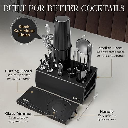 MIXLO HOME Mixology Bartender Kit - 15Pcs Bar Set Cocktail Shaker Set w Black Bar Cart Accessories Stand - Shakers Bartending Gun Metal Black Tools, 24oz Shaker, 17 Recipe Cards, Martini Barware thumbnail 2
