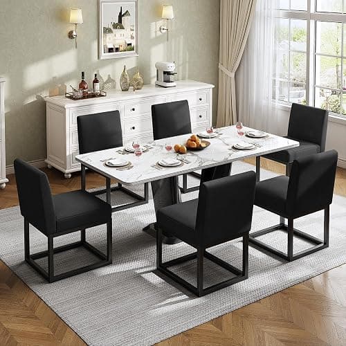 Jocisland Mid Century Linen Dining Chairs Set of 6, Modern Upholstered Dinner Chairs with Metal Frame for Restaurant, Dining Room, Kitchen, Black Padded Chairs - Image 1