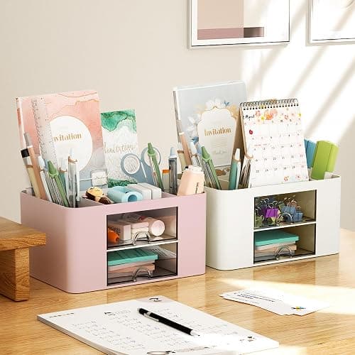 Marbrasse Plastic Pencil Holder for Desk, Pen Organizer with 2 Drawers | Desk Organizers and Accessories with 5 Compartments, Cosmetic Brush Holder for Office Art Supplies(Beige) thumbnail 7