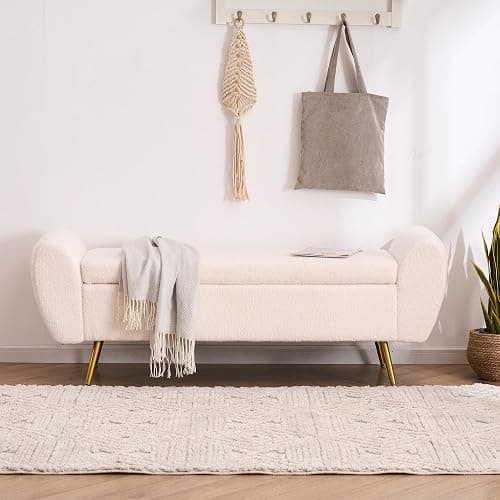 AIITTCC Storage Bench for Bedroom, 55" Extra Long Bench for King Size Bed, Modern Upholstered End of Bed Ottoman Bench with Arms for Entryway Living Room (Teddy, Ivory White) thumbnail 4