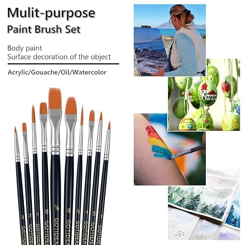 GOTIDEAL Paint Brush Set, 10 Pcs Round Pointed Tip, Small Nylon Hair Brushes for Acrylic, Oil and Gouache，Body, Face Nail Art and Rock Painting, Perfect for Kids & Adult thumbnail 5
