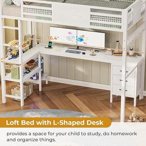 ADORNEVE Loft Bed Twin Size with L-Shaped Desk, LED Lights,Charging Station, Twin Metal Loft Bed Frame with Fabric Drawers & Shelve, 13.4" H Safety Guardrail, No Box Spring Needed, White thumbnail 3