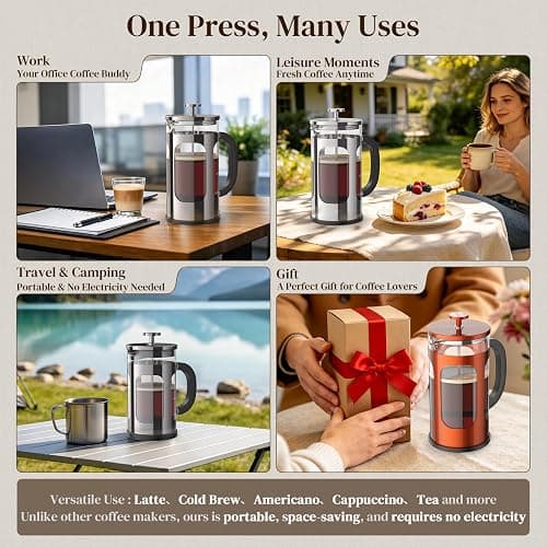 Veken French Press Coffee Maker 34oz, No Plastic Touching Cafe,Thickened Glass Stainless Steel Brewer, Cold Brew Cafetera Tea pot for Kitchen Travel Camping, Gifts, Decor, Bar Accessories, Dark Pewter thumbnail 3