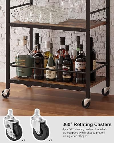 TUTOTAK Bar Cart, Serving Cart for Home, Microwave Cart, Drink Cart, Mobile Kitchen Shelf with Wine Rack and Glass Holder, Rolling Beverage Cart BC01BB030 thumbnail 5