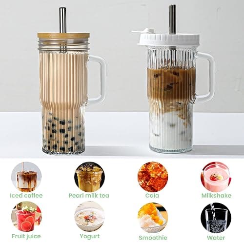 Birity 24oz Ribbed Glass Cup with Lids and Straws,2Pack Glass Tumbler with Handle,Reusable lced Coffee Cups with lids-Glass Cups with Lids,Mason Jar Cup for Smoothie,Coffee,Juice,Water,Tea,Travel Mug thumbnail 7