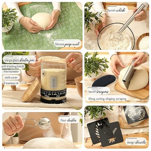 All-Inclusive 𝗣𝗥𝗘𝗠𝗜𝗨𝗠 Sourdough Starter Kit with Pot, 34 Oz Starter Jar, 4 Banneton Bread Proofing Baskets, Scraper, Scale, Sourdough Bread Baking Supplies, Detailed Beginner Guide & Recipes thumbnail 4