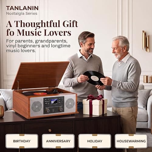 10 in 1 Bluetooth Record Player All-in-One Multimedia Center | Stereo Speakers, CD Player, Internet Radio, 3-Speed Turntable, Clock, Alarm, USB Recording, RCA Out, LCD Display, Red Wood thumbnail 14