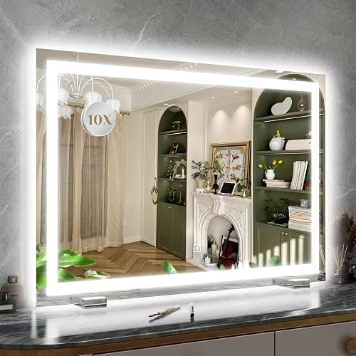 ROLOVE 32x22 Lighted Vanity Mirror, Wall-Mounted, Detachable 10X Magnifier | LED Makeup Mirror, 3 Color Modes, Stepless Dimming, Touch Control, Plug-In Design, Tabletop Use, Even Lighting - Image 1