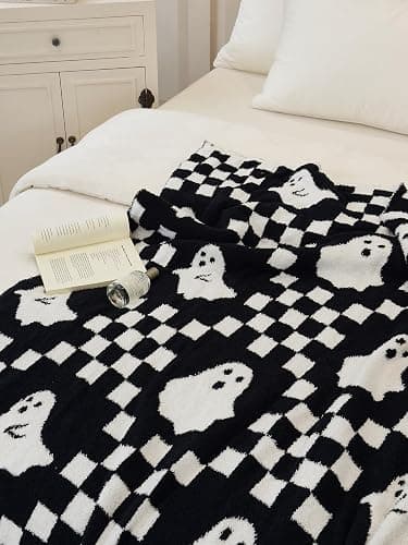 Ultra Soft Cozy Checkered Ghost Halloween Knitted Throw Blanket Fluffy Microfiber Checkerboard Bed Blanket Lightweight Both Sides Throw Blanket for Couch Sofa Bed 50"X60"Black¡­ thumbnail 4