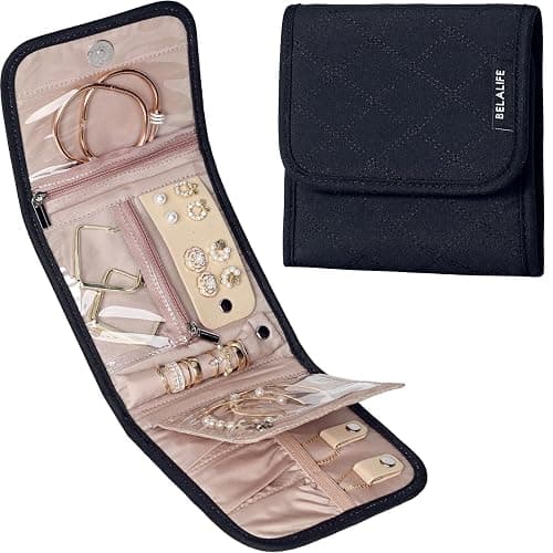 BELALIFE Travel Jewelry Case Organizer, Small Foldable Storage Roll for Earrings, Necklaces, Rings, Bracelets, Brooches, Black - Image 1