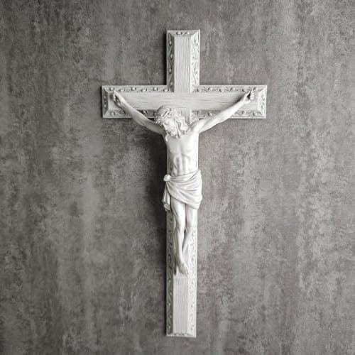 BC Catholic Crucifix Wall Cross, 12" H Jesus Christ Wall Decor for Elegant Modern Home, Devout Gift for Easter, Religious Gifts Home Decor, Grey White Stone Finish, Hand Painted by Buildclassic thumbnail 3