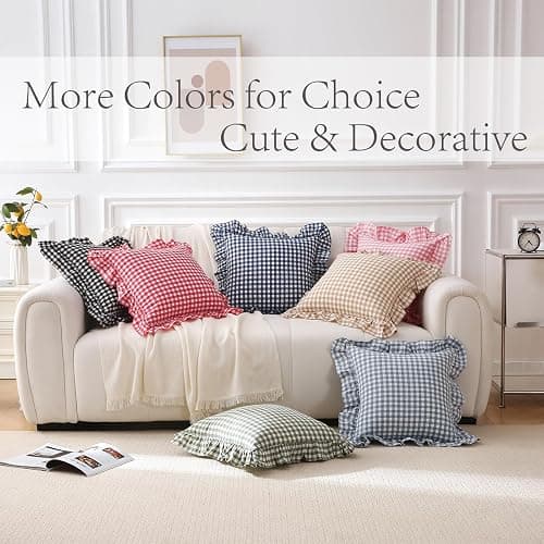 K MASANIJI 2 Pack Taupe White Plaid Ruffle Gingham Throw Pillow Covers, 100% Washed Cotton Checkered Fall Decorative Farmhouse Pillow Shams - 18''x18'' thumbnail 7