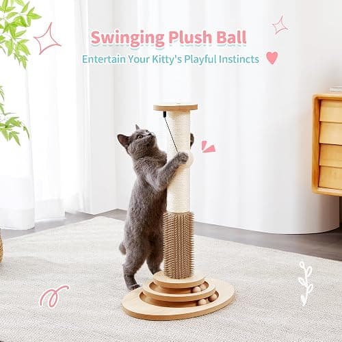 Made4Pets Cat Scratching Post, 23" Tall Sisal Cat Scratcher Post with Self Groomer, 4-in-1 Interactive Trackball Toys with Hair Brush, Vertical Cat Climbing Tree with Dangling Plush Balls thumbnail 7