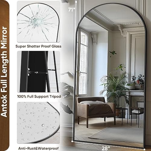 Antok Full Length Mirror, 71"x28" Floor Mirror with Stand, Hanging Mounted Mirrors for Bedroom, Living Room, Cloakroom, Dining Room, Black, Arched thumbnail 4