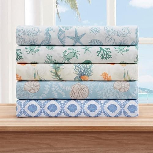 Caribbean Joe Queen Coastal Print Microfiber Sheet Set, Beachy Cove | Soft, comfortable 100% polyester microfiber 4-piece set with 12" deep pockets and a coastal seashell pattern thumbnail 8