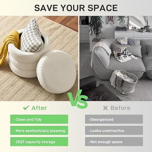 Krcix Round Ottoman with Storage Boucle Ottoman Stool with Storage Removable Lid for Living Room Modern Vanity Sorage Stool Foot Rest Bedroom Dorm Gift Set of 1 (White) thumbnail 4