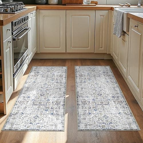 jinchan Runner Rug 2x5-2pcs Washable Hallway Rug Vintage Indoor Thin Retro Floor Cover Distressed Floral Country Lightweight Non Slip Carpet for Entryway Bathroom Kitchen Bedroom Living Room Blue - 2' x 5' (2pcs Light Weight) - Distressed Blue Multi