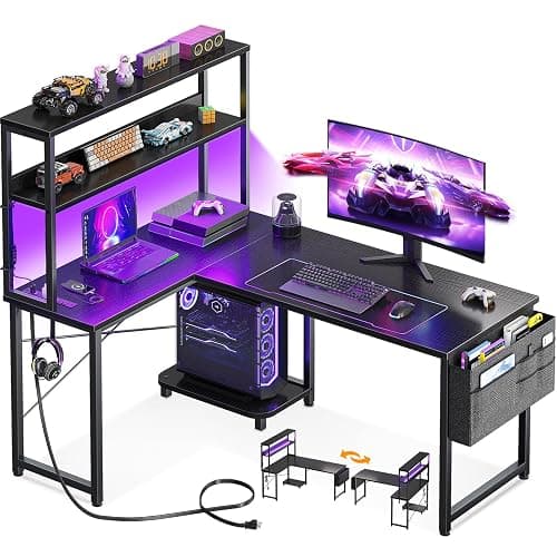 AODK L Shaped Desk Gaming Desk with LED Light & Power Outlet, 43 Inch Reversible L Shaped Computer Table with Shelf, Corner Desk with Storage Bag&Hook for Home Office Desk, Black - Image 1