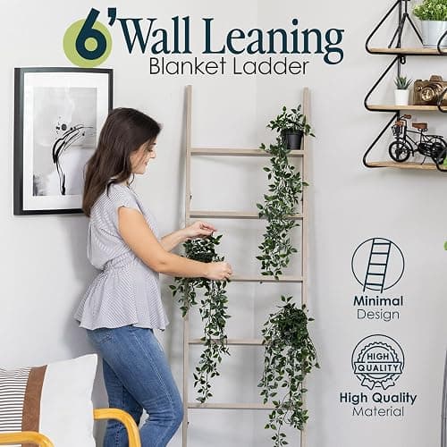 Blanket Ladder for Living Room and Bedroom, 5ft 8 inch, 6-Tier Wall Leaning Laminate No-Snag Construction (Smokey Oak) Rustic Decorative Farmhouse Blanket Storage, Quilt Rack, Ladder Shelf thumbnail 6