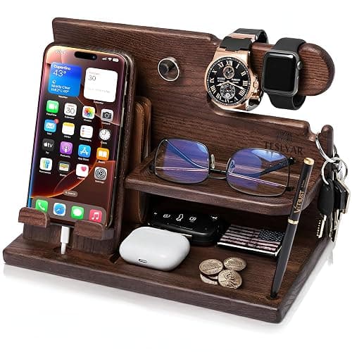 TESLYAR Wood Phone Docking Station for Men - Desk or Nightstand Organizer - Birthday Gifts for Husband, Dad - Anniversary Idea from Wife - Key Holder, Stand Wallet, Watch & Essentials (Bourbon Brown) - Image 1