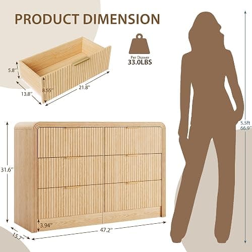 Decofy Fluted Drawers Dresser for Bedroom, Wood Dressers with Gold Handles, Modern Dressers with Wave Texture, Large Storage Chest of Drawers, Bedroom Dresser Organizer 47'' & 6 Drawers (Natural Oak) thumbnail 2