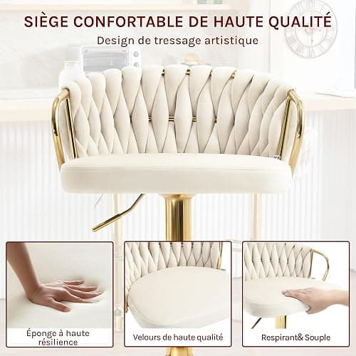 WOLTU Lot de 2 Tabouret de Bar avec Dossier Tissé et Repose-Pieds, Tabouret Pivotant à 360°, Hauteur Réglable, Base Évasée en Métal, Crème, BH426cm-2 thumbnail 5