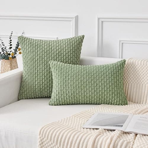 Kevin Textile Spring Boho Cushion Covers 45 x 45 cm Set of 2 Soft Striped Corduroy Decorative Square Cushions Covers 18x18 Inch with Invisible Zipper for Chair Couch Sofa Bedroom, Sage Green thumbnail 2